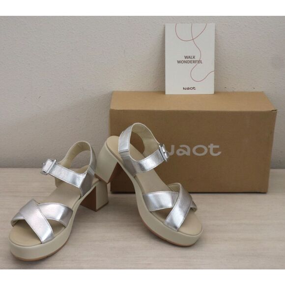 Naot 123102-BA9 Women Sz 39 US 8M Silver Soft Leather Elite Heeled Sandals - Picture 1 of 13
